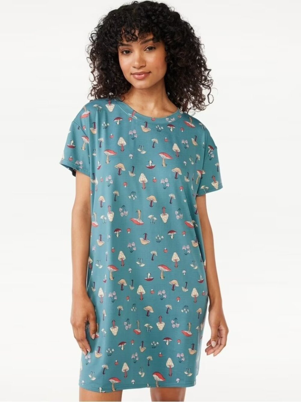 Joyspun Women's Mushroom Print Sleepshirt with Pockets Green S/M NWT